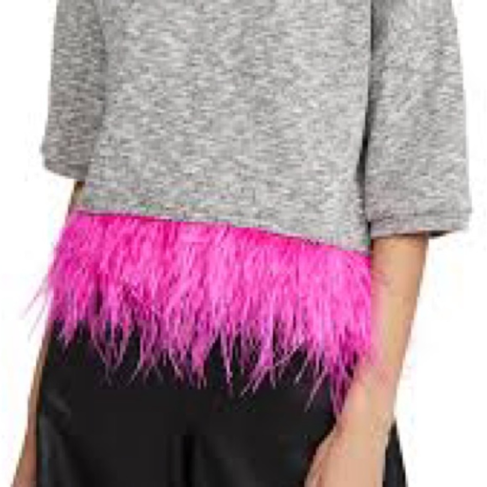 Feather Trim Crop Top - Gray with Pink Trim